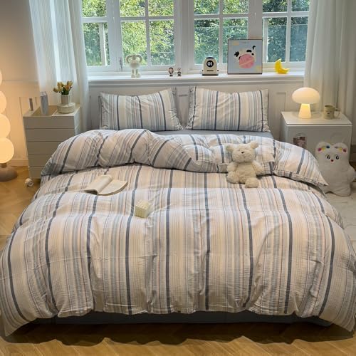 mixinni Vintage Blue and White Striped Duvet Cover Set King - 100% Washed Cotton 3 Piece Bedding Set with Geometric Pattern, Soft Breathable Comforter Cover with Zipper Closure & Corner Ties