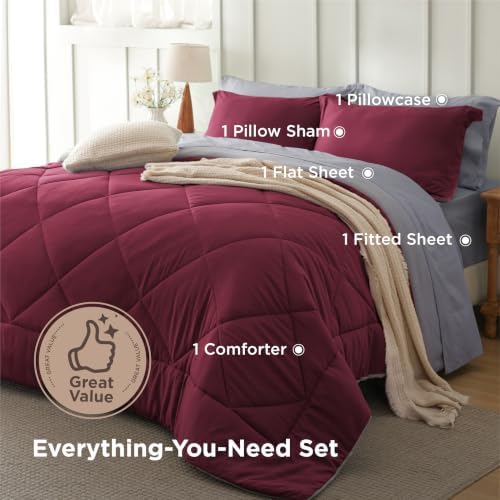 Bedsure Twin Comforter Set Reversible Bed Set 5 Pieces Red/Silver Grey