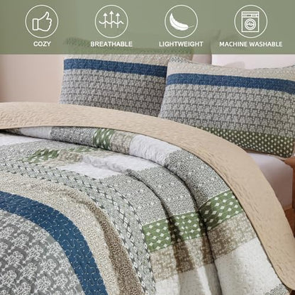 WONGS BEDDING King Quilt Set Khaki Green, 3 Pieces Striped Bedspread
