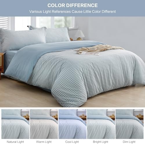 SAPHREAS Geometric Blue Plaid Duvet Cover Set 3pcs 100% Washed Cotton Soft Light Blue Grid Bedding Comforter Cover 1 Duvet Cover 2 Pillow Shams, Comforter Not Included