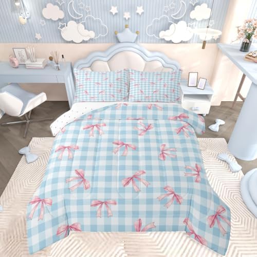 jejeloiu Bowknot Comforter Set Full Size Bedding Set for Kids Boys Girls