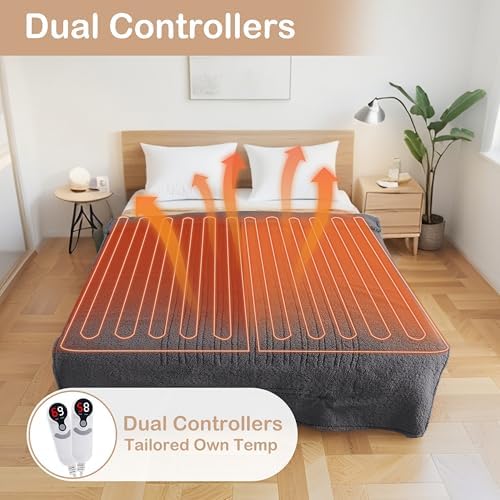 Electric Heated Blanket Queen Size 84"×90" Dual Control, 9 Heating Settings & 1-10Hs Auto Off, Overheat Protect, Double-Sided Sherpa, for Sofa & Bed, Machine Washable Gifts for Family- Dark Gray