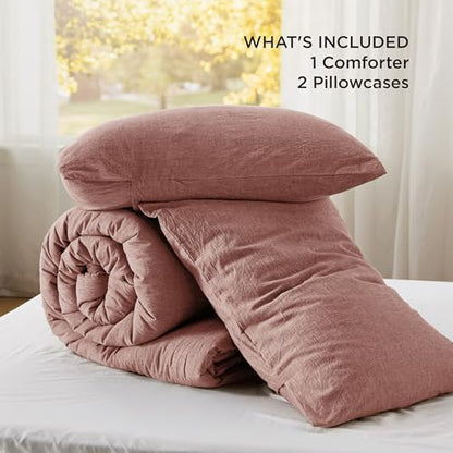 Bedsure PureWoven Cotton Comforter Set Prewashed, Queen, Pink Clay
