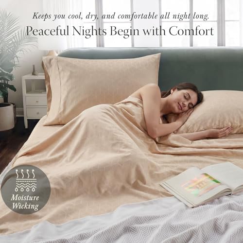 Threadmill Egyptian Cotton Sheets for King Size Bed | 100% Certified Egyptian Cotton King Bed Sheets Set | Snug Fit Elastic Deep Pocket King Sheets Soft, Breathable Damask Jacquard | Beige