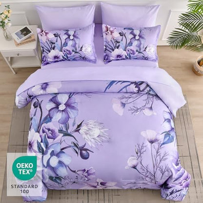 Luxudecor Lavender Purple Floral Comforter Set King Size 7 Piece, Flower Bed in a Bag, Elegant Comforter Bedding Set for All Season (Lavender, 104"x90")