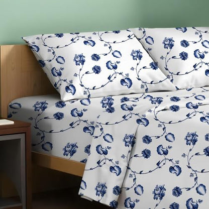 TEXAS LINEN CO. 100% Organic Cotton Printed Sheets California King Size - 4 PC Organic Cotton Cal King Percale Weave Sheet Set, Soft, Cooling & Crisp, 16" Deep Pocket Hotel Bedding Set (Floral Blue)