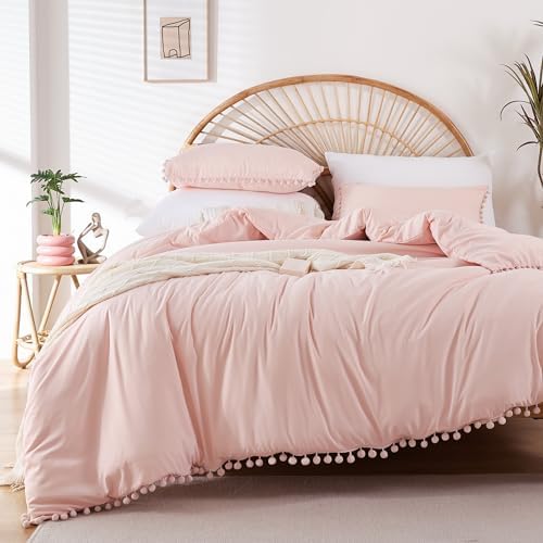 YIRDDEO King Size Comforter Set, Blush Pink Pom Fringe Bedding Set 3 Pieces