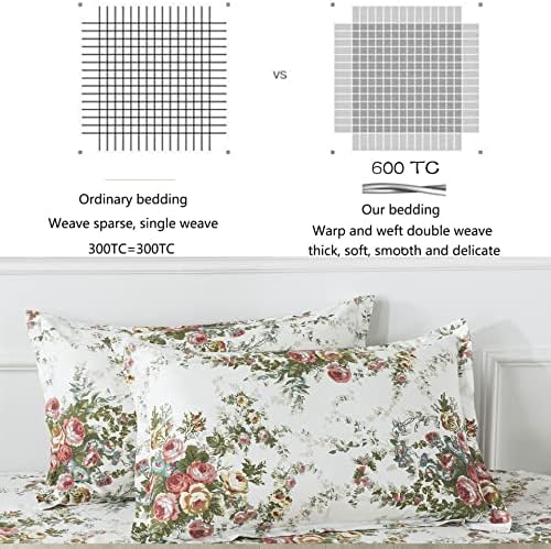 FADFAY Floral Sheet Set Full Cotton Vintage Rose Super Soft Garden Flower Bedding Hypoallergenic Girls Farmhouse Bedding White Deep Pocket Fitted Sheet 4-Pieces