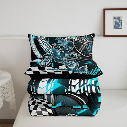 Racing Bedding Set Cyan Neon Lights Honeycomb Comforter Set Motorbike Dirt Bike Quilt Geometric Hexagon Moto Extreme Sports Full Size Duvet Insert,Black White Grid Lattice Buffalo Plaid Decor
