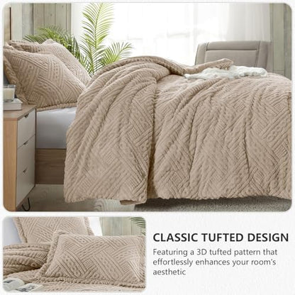 Homelike Moment Fleece Queen Comforter Set, Fluffy Bed Set 3 Piece Beige