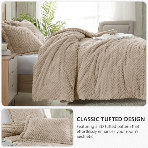Homelike Moment Fleece King Comforter Set, Fluffy Bed Set 3 Piece Beige