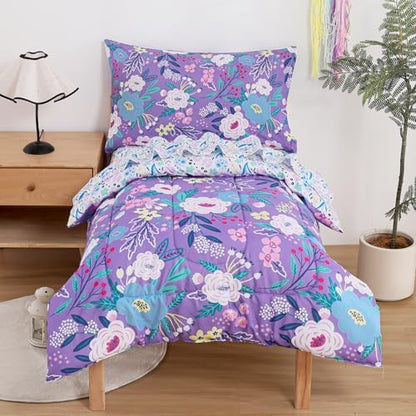 Mooreeke Toddler Bedding Sets for Girls,4 Pieces Purple Flower Printed