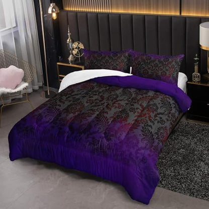 Black Purple Paisley Floral Victorian Gothic Comforter Set Twin，Gothic Bedding Set Twin Purple，with 1 Comforter with 2 Pillow Case，Halloween Room Decor for Bedroom