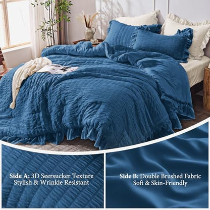 JOLLYVOGUE Teal Queen Comforter Set, 3 Pieces Seersucker Comforters Queen Size, Lightweight & Fluffy Bedding Sets Queen for All Season with 1 Ruffle Comforter and 2 Ruffle Pillowshams