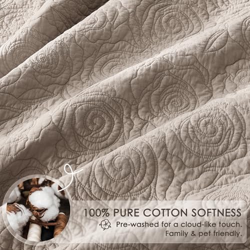 WDCOZY Dark Beige 100% Cotton Quilt Queen Size Bedding Sets with 2 Pillow Shams, Floral Rosette Lightweight Bedspread Soft Farmhouse Patterned Coverlet Quilted Comforter Bed Cover All Season, 3 Pieces