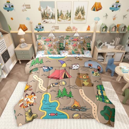 Erosebridal Happy Camping Bedding Set for Kids Teens,Cartoon Animal Comforter Set King Size,Camping Lover (Comforter+Fitted+Flat Sheet+2 Pillowcases+2 Throw Pillow Covers) 7 Pieces Bed Set