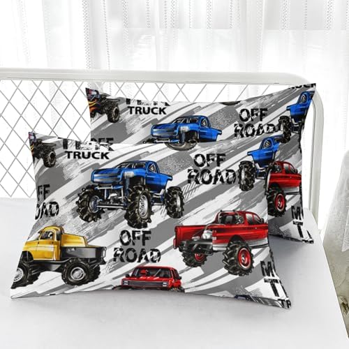 AILONEN Kids Boys Monster Truck Bedding Twin XL Size,Cartoon Truck Fitted Sheet Set Decor,Car Colorful Soft Vehicle Truck Kids Fitted Sheet with 2 Pillowcases,3 Pieces