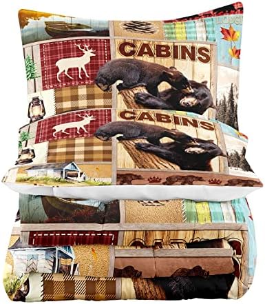 LUVIVIHOME 2PCS Rustic Cabin Comforter Set Twin Size, Bear Bedding Sets, Elk Deer Forest Woodland Animals Wildlife Hunting Country Farmhouse Red Buffalo Plaid Lodge Patchwork Quilt, 1 Pillow Sham