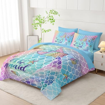 7Pcs Mermaid Tail Comforter Set Rainbow Scales Printed Bedding Set with 1 Comforter, 1 Flat Sheet, 1 Fitted Sheet and 4 Pillowcases for Girls Bedroom All Season(Queen)