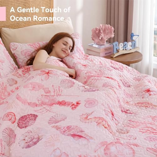weigelia Coastal Quilt Bedding Set King Size - Lightweight Summer Bedspread in Pink Coastal Decor, Soft Nautical Comforter for All Season for Coquette Room Decor Bedroom