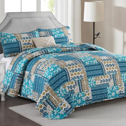 Mybedsoul Boho Quilts Queen Size, Floral Patchwork Bedding Set, Dusty Blue