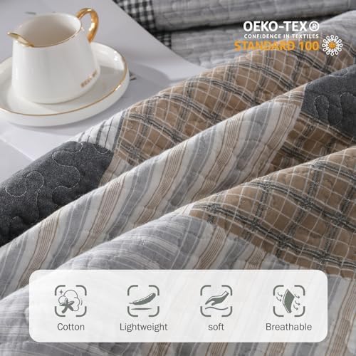 Y-PLWOMEN 100% Cotton Quilts Queen Size Farmhouse Plaid 3-Pieces Bedding