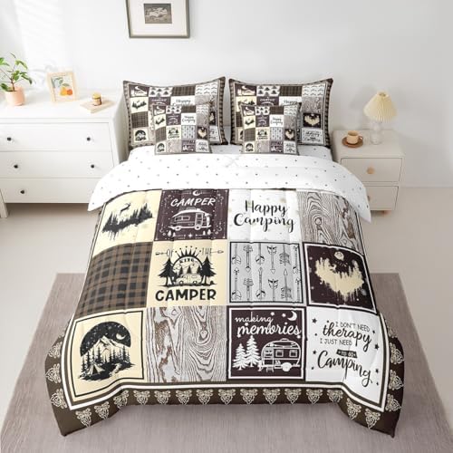 Erosebridal 7 Piece Happy Camping Twin Bed in a Bag,Kids Rv Camper Comforter Set for Bunk Travel Trailers,Brown Buffalo Plaid Patchwork Bedding Set with Sheets,Rustic Cabin Bed Set with Pillowcases