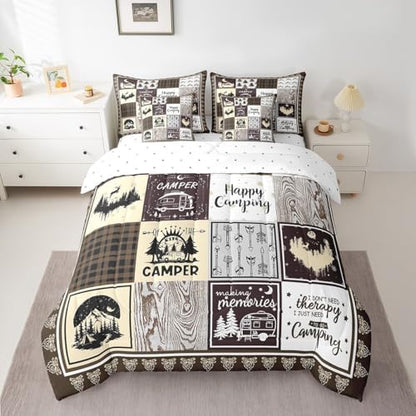 Erosebridal 7 Piece Happy Camping Twin Bed in a Bag,Kids Rv Camper Comforter Set for Bunk Travel Trailers,Brown Buffalo Plaid Patchwork Bedding Set with Sheets,Rustic Cabin Bed Set with Pillowcases