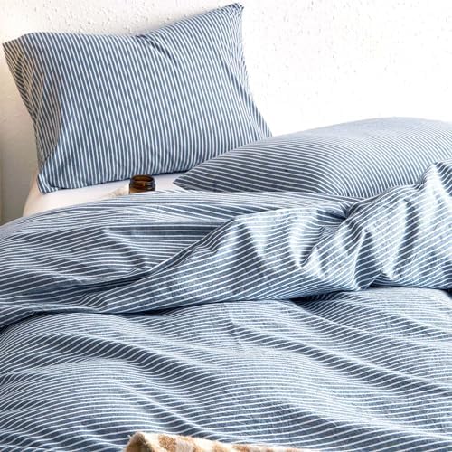 Wake In Cloud Striped Cotton Duvet Cover Set, Denim Blue, Full