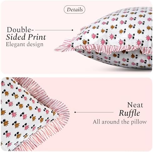 CPC Block Print Rosette Bloom Ruffle Cotton Lumbar Pillow Cover 12x20 inch