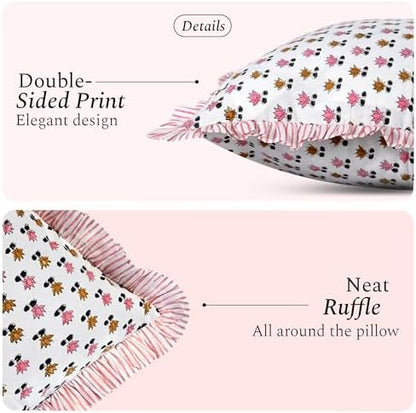 CPC Block Print Rosette Bloom Ruffle Cotton Lumbar Pillow Cover 12x20 inch