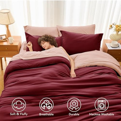 MUXHOMO 7 Pieces Oversized King Comforter Set, Soft Bed in a Bag Oversized King Size, All Season Bedding Set with Comforter, Flat Sheet, Fitted Sheet, Pillowcases & Shams, Burgundy & Rose Gold