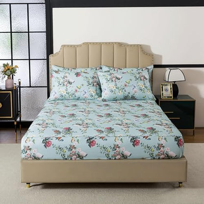 FADFAY Twin XL Size Sheet Set 4-Piece, 100% Cotton Mint Green Floral Bedding for College Dorm, Soft & Breathable Vintage Botanical Style, Deep Pocket Fitted Sheet, All-Season Cozy Bed Sheet Set