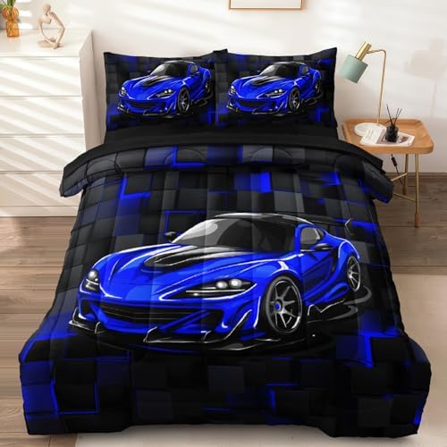5 Pcs Race Car Twin Bedding Set for Boys, Blue Sports Car Twin Boys Comforter Set with Sheets