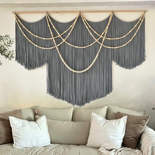 Large Macrame Wall Hanging Grey Boho Wall Art Beaded Decor 57"W*39"L