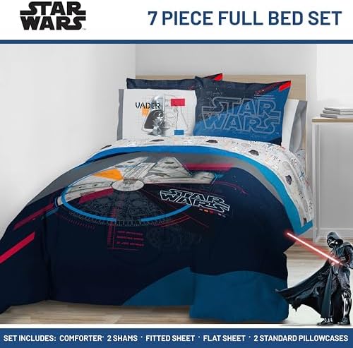 Star Wars Full Comforter Set 7 Piece Soft Bedding for Boys, Dark Blue