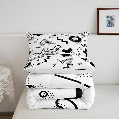 Manfei Memphis Comforter Set Full Size, Retro 80s 90s Fashion Style Quilt Set with 2 Pillowcases, Geometric Black White Bedding Set 3pcs for Kids Boys Room Decor Lightweight Duvet Insert