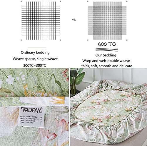 FADFAY Sheets Set King Floral Sheets 100% Cotton Elegant Farmhouse Bedding Mint Green Leaves and White Flower Printed Bed Sheet Soft Botanical Lily Pattern Deep Pocket Sheet 17.5'' 4 Pcs, King