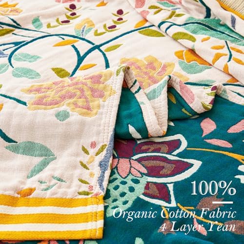 VANJOROY Boho Throw Blanket, 100% Organic Cotton Breathable Ultra Soft 91" x 98" Bed Quilt Throw - All Season Floral Rustic Farmhouse Decor Luxury Reversible Blanket for Sofa Couch Chair and Gift