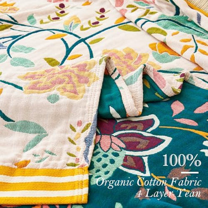 VANJOROY Boho Throw Blanket for Bed, 100% Organic Cotton Breathable Ultra Soft 50" x 60" Quilt Beige Throw - All Season Floral Farmhouse Decor Luxury Reversible Blanket for Sofa Couch Chair and Gift