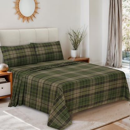 RUVANTI 100% Cotton Flannel Sheets Queen Size 4 Pcs Set, DNA Plaid