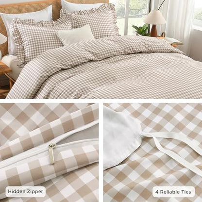 Andency Tan Gingham Duvet Cover Full, Ruffle Shabby Chic Bedding Set 3 Pcs