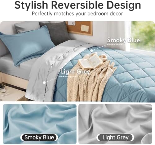 MUXHOMO 5 Pieces Twin XL Comforter Set, Reversible Bed in a Bag Twin XL Size, All Season Bedding Set with Comforter, Flat Sheet, Fitted Sheet, Pillowcases & Shams, Greyish Blue & Light Grey