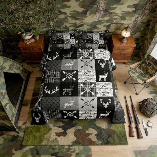 Feelyou Camo Deer Antlers Comforter Set All Season Animal Arrow Silhouette Bedding Set with 1 Pillow Cases Rustic Cabin Microfiber Toddler Bedclothes Lattice Bedroom Decor Duvet Quilt Breathable