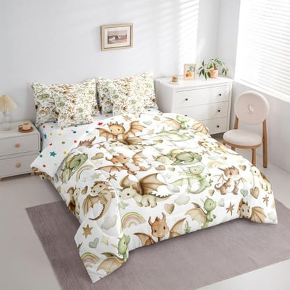 Erosebridal 7 Piece Dragon Comforter Set King Size | Nursery Green Brown Dragons Bedding Set Kids Boys Girls Cartoon Animals Comforter with Sheets Stars Rainbow Heart Pattern Quilt Soft Warm