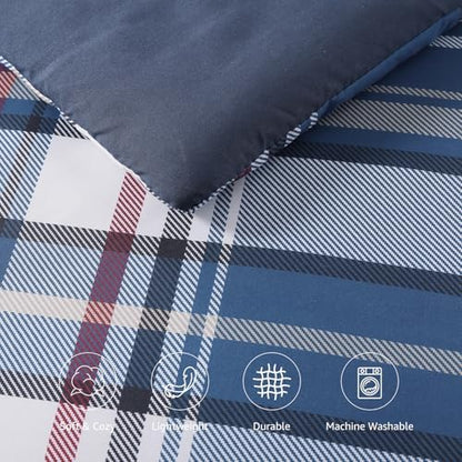 Plaid Queen Size Comforter Set Medium Blue 7 Pieces Farmhouse Bed in a Bag