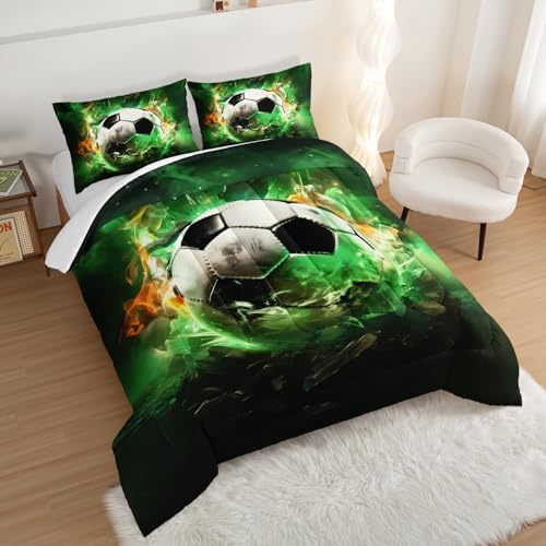 Green Soccer Bedding Comforter Set Queen Size with 2 Pillowcases.