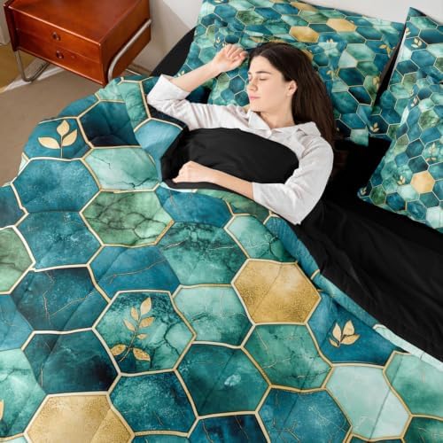Erosebridal 3D Marble Honeycomb Comforter Set Queen Size,Geometric Hexagon Bedding Set for Kids Teens,Modern Foil (Comforter+Fitted+Flat Sheet+2 Pillowcases+2 Throw Pillow Covers) 7 Pieces Bed Set