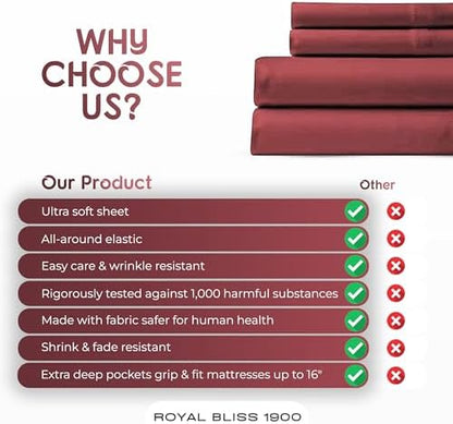 Split King Sheets Set with 2 Twin XL Fitted Sheet - 5 Piece Bedding - Wrinkle Free, Fade Resistant, Double Brushed Microfiber - Deep Pockets/Easy Fit (Burgundy)