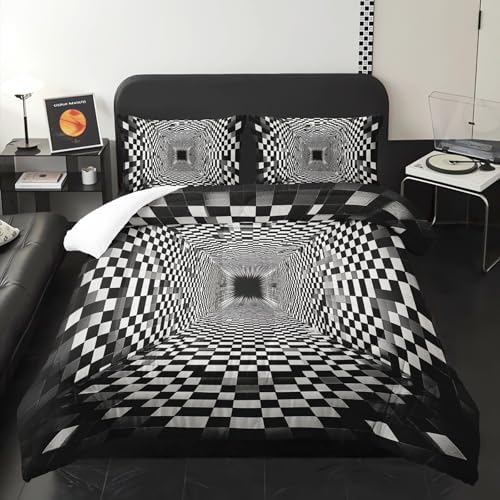 3D Black and White Geometric Pattern Comforter King Size，Black and White Checkered Bedding Set King，with 1 Comforter with 2 Pillow Case，Checkered Bedroom Decor